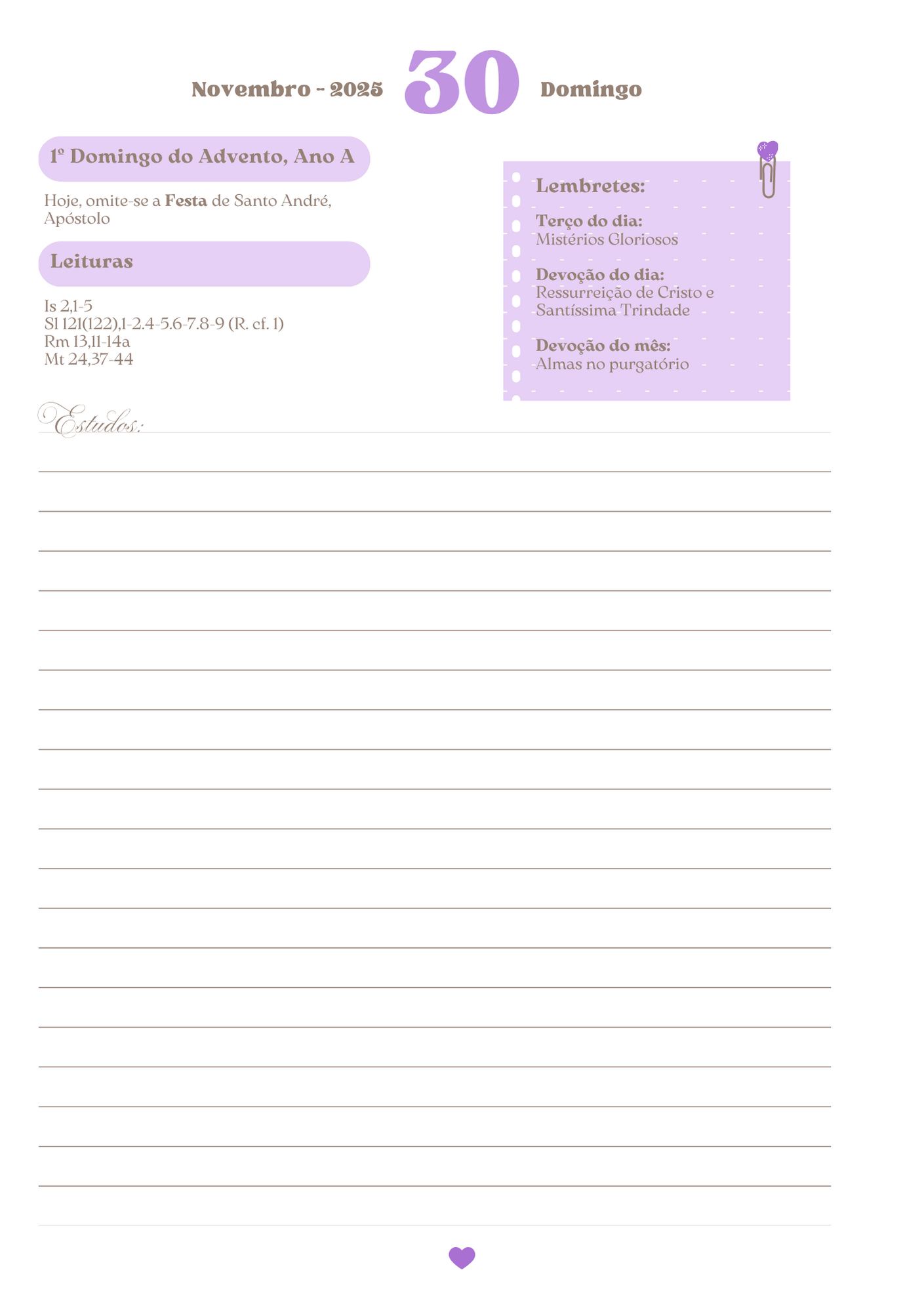 Páginas datadas na cor litúrgica do dia