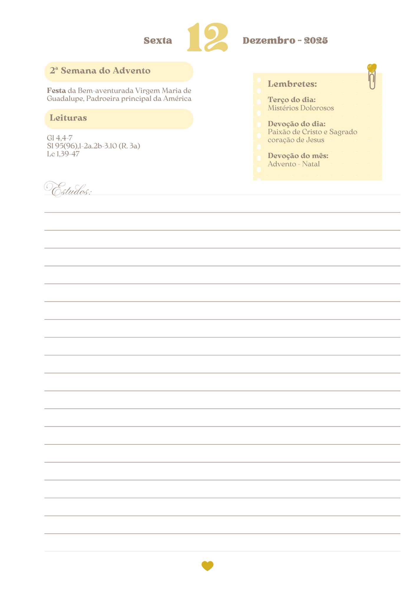 Páginas datadas na cor litúrgica do dia