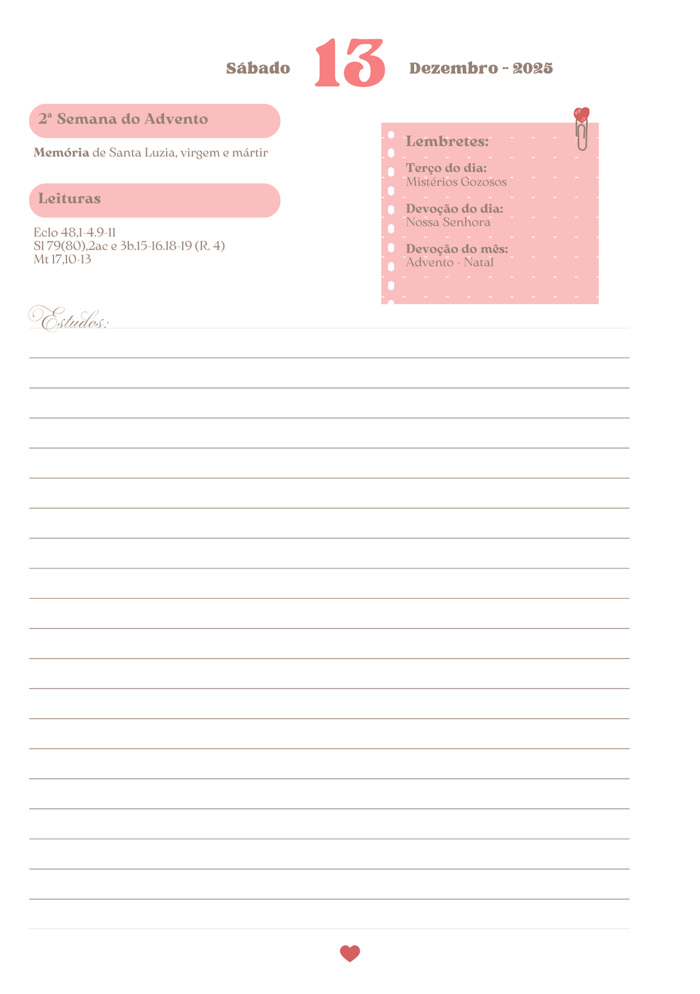 Páginas datadas na cor litúrgica do dia