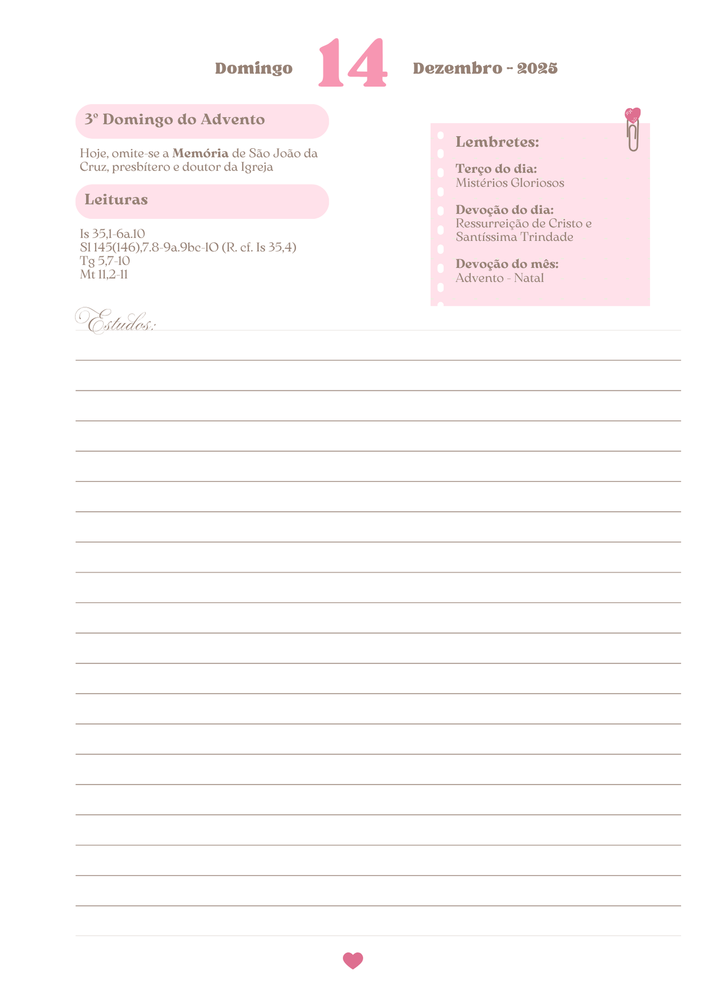 Páginas datadas na cor litúrgica do dia