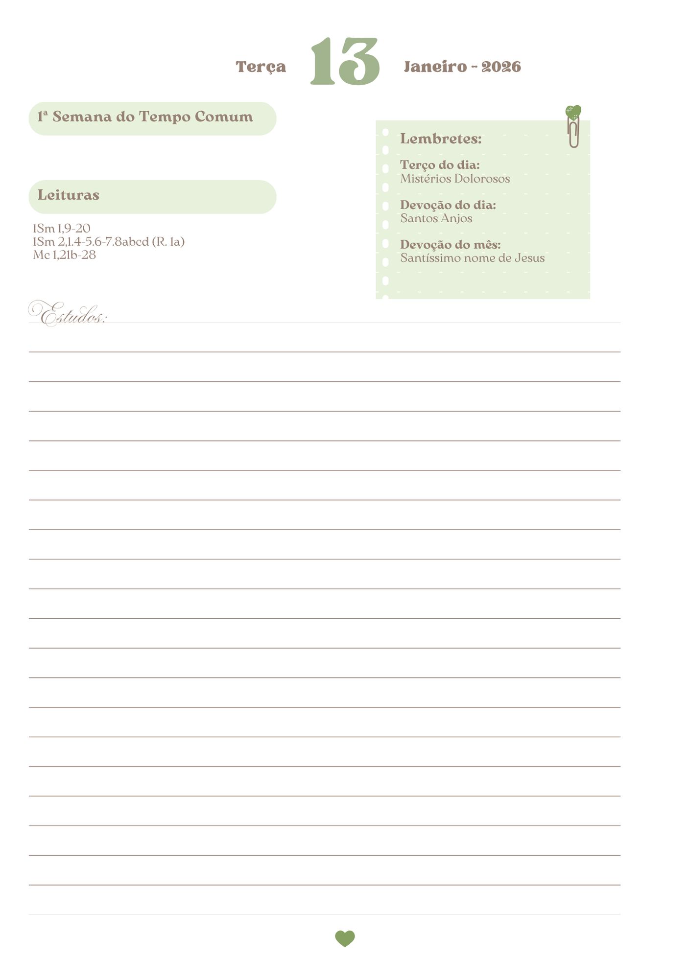 Páginas datadas na cor litúrgica do dia